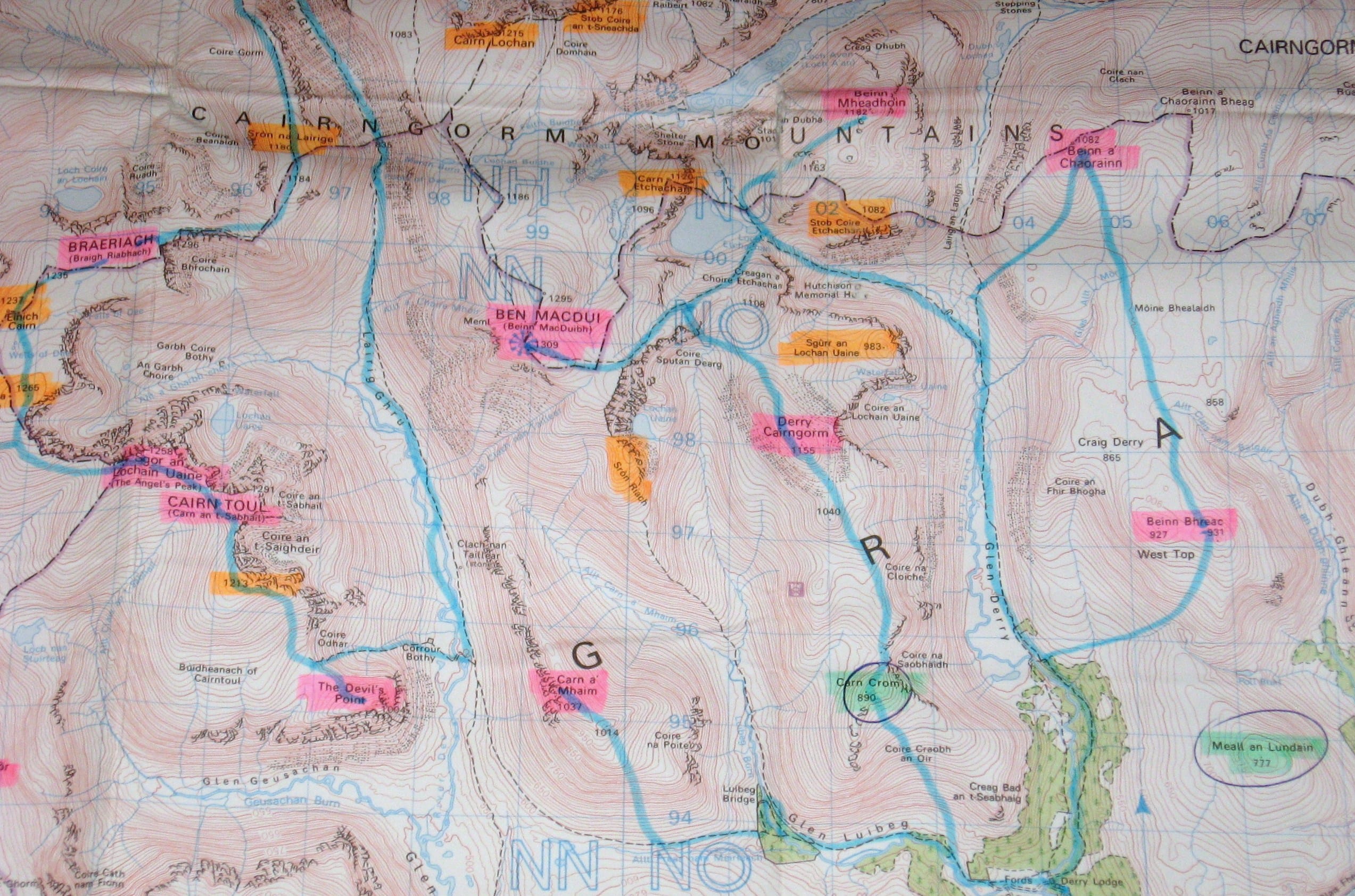 COLOUR CODED: My OS map for the Cairngorms with all the peaks and routes highlighted