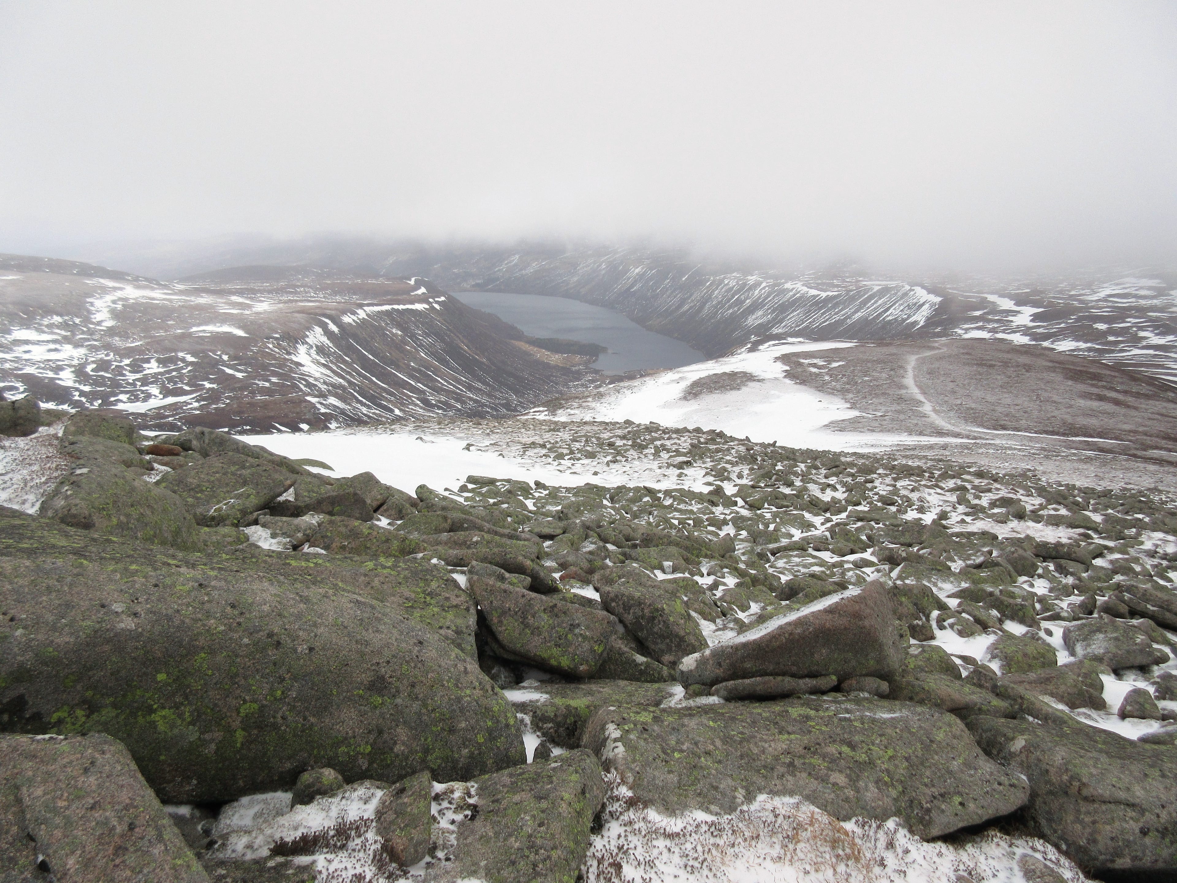 SAVAGE BEAUTY: The view down to Loch Muick from the frozen, wind-blasted slopes of Broad Cairn