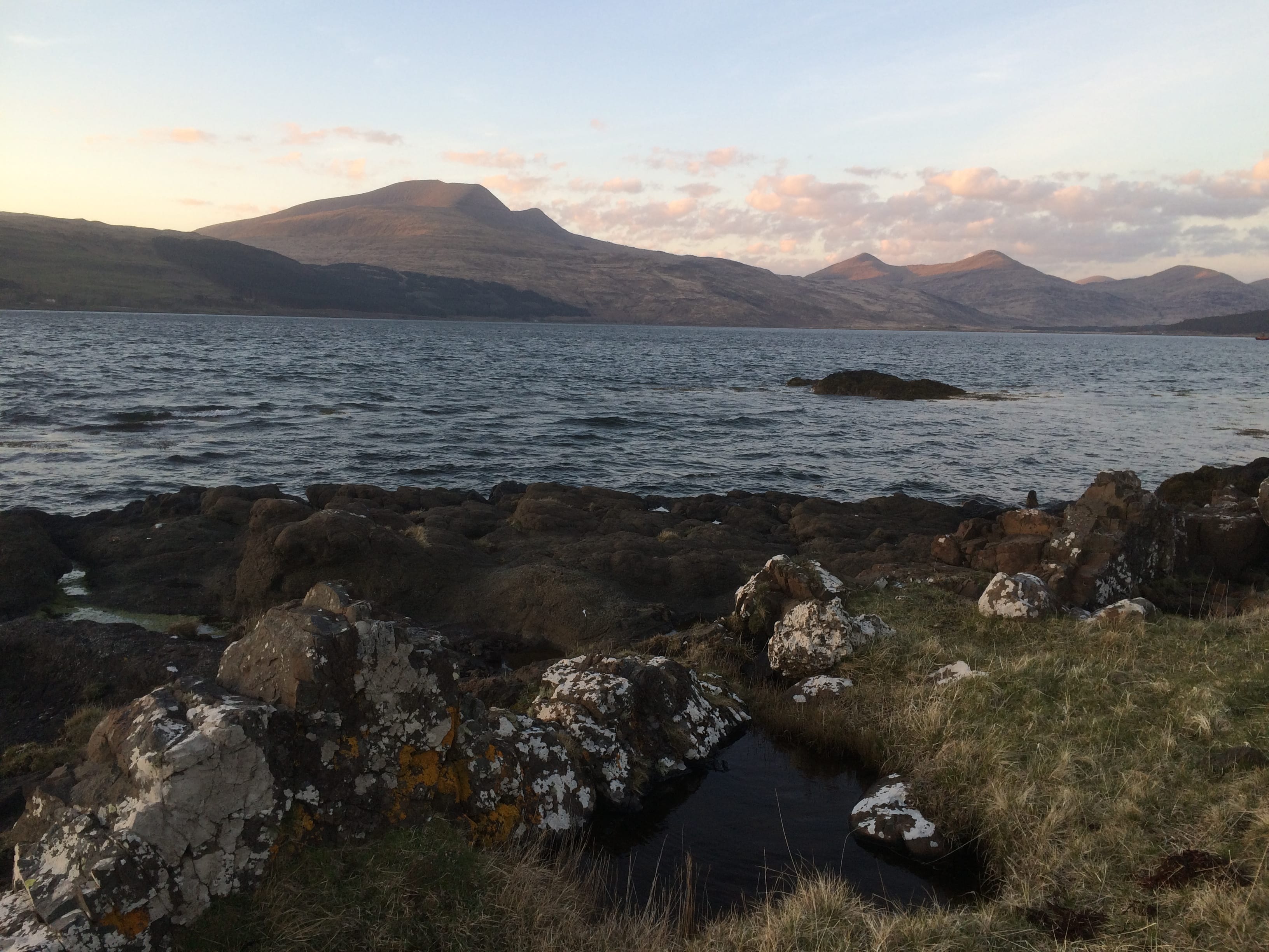 'TWILIGHT VIEW: Mull''s Munro, Ben More, in the evening light from our wild camp on the shores of Loch Sgridain'