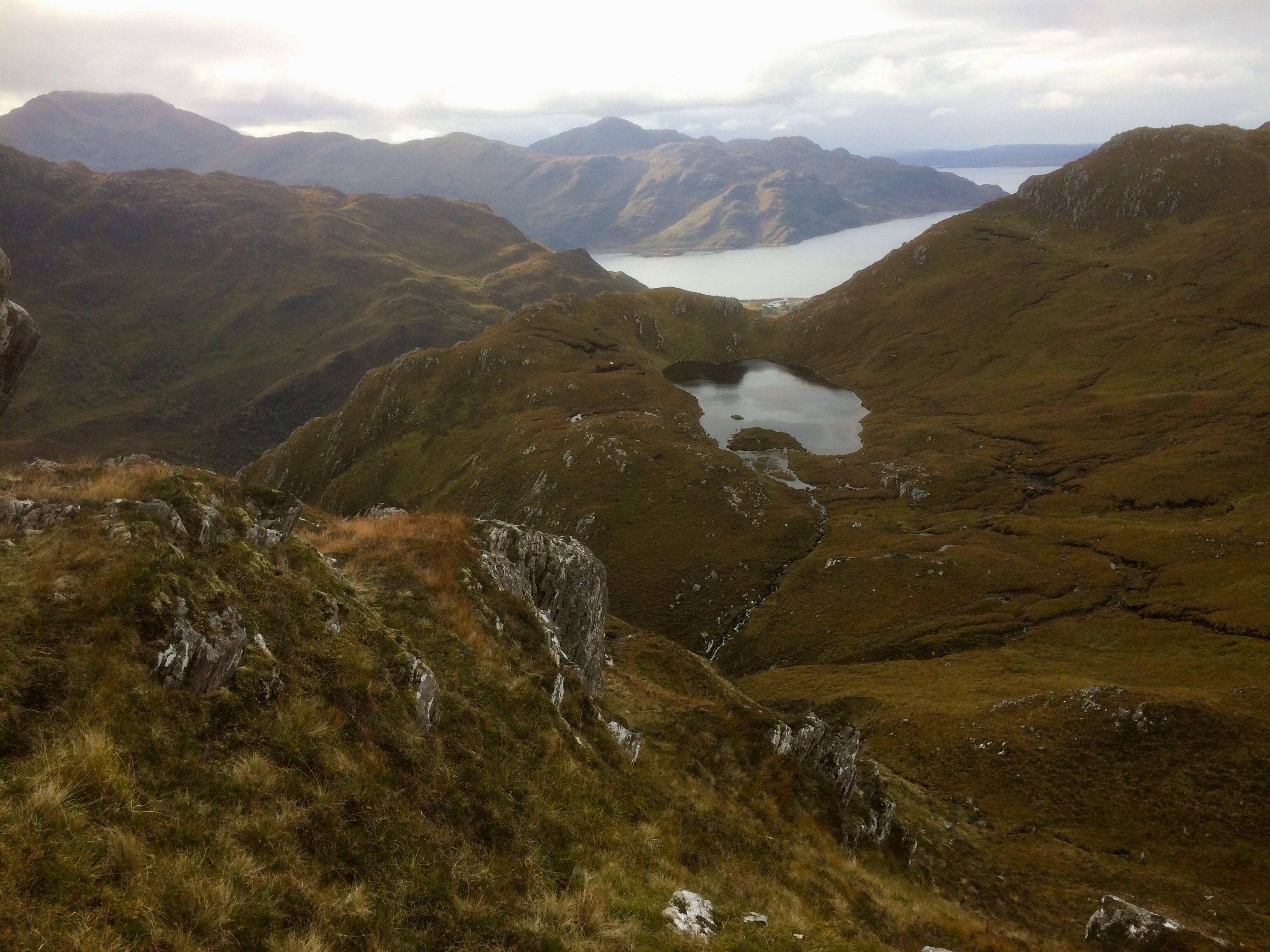TREE-FREE: Looking down from ridge to Beinn Clachach over Loch Hourn to distant Knoydart - not one tree in sight 
