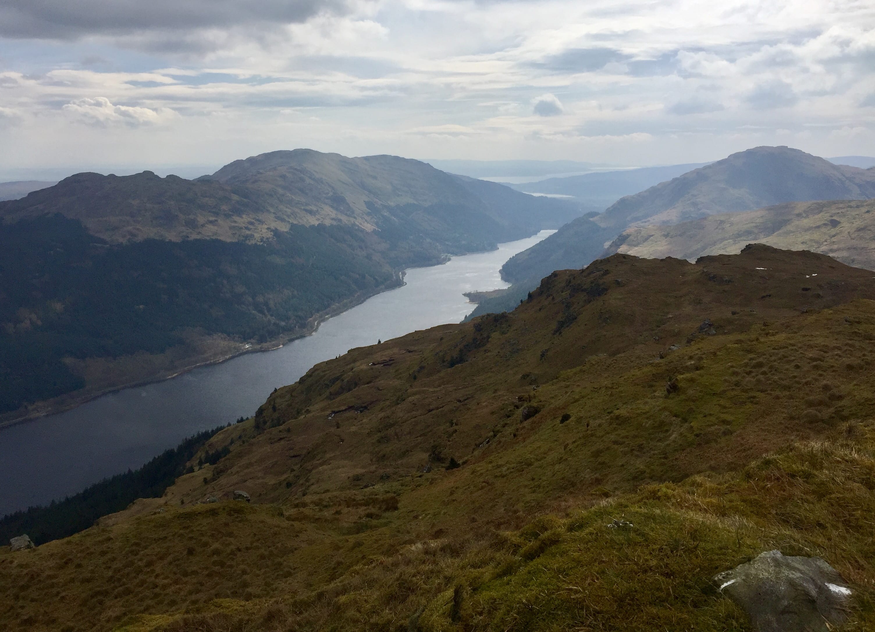 ECK OF A VIEWPOINT: Looking down the silver sheet of Loch Eck from the tiny summit cairn of Beinn Bheag