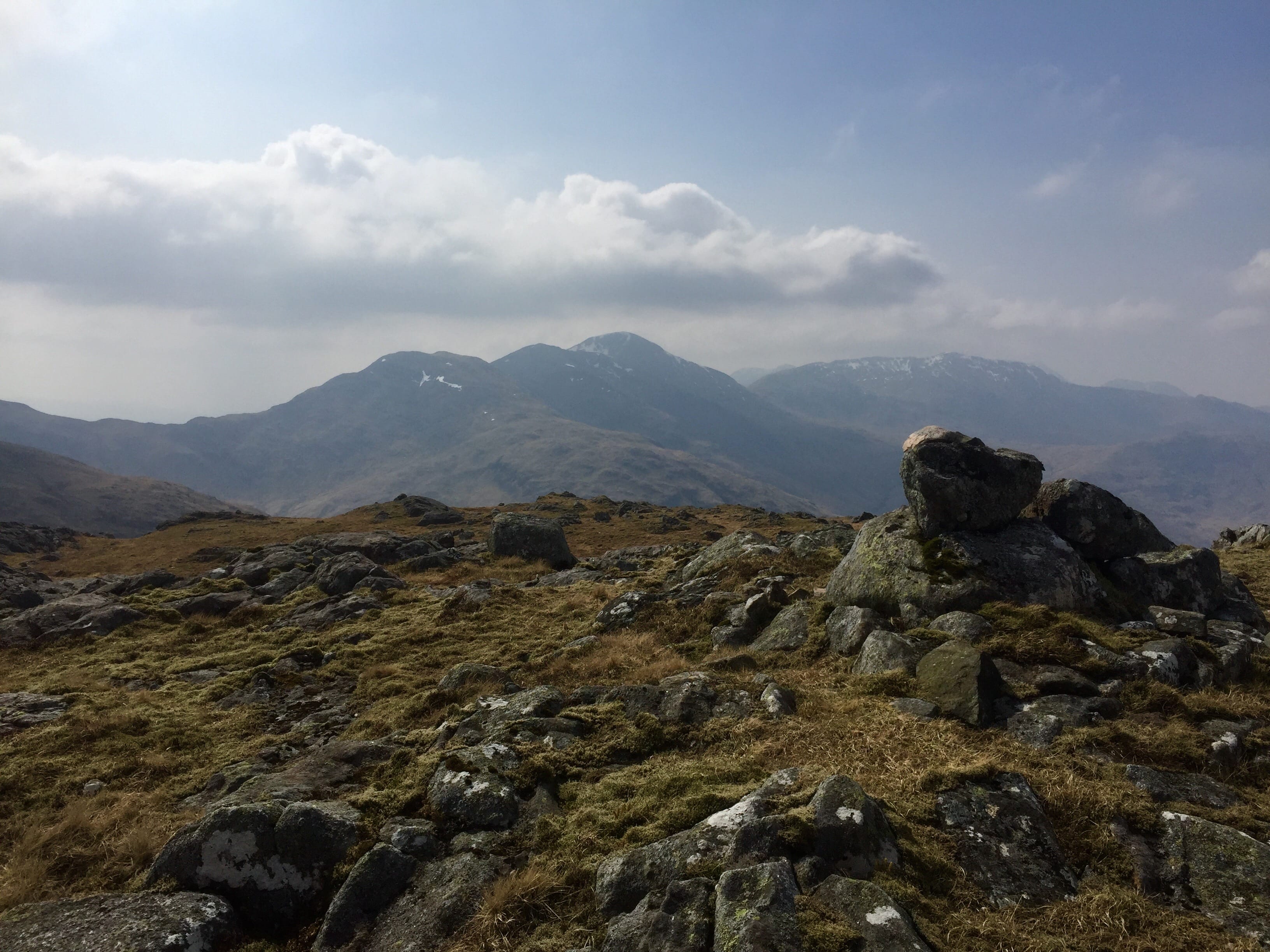 A MIGHTY FINE VIEW: The distant and higher peaks of Beinn Eunaich from the remote summit of Meall Garbh