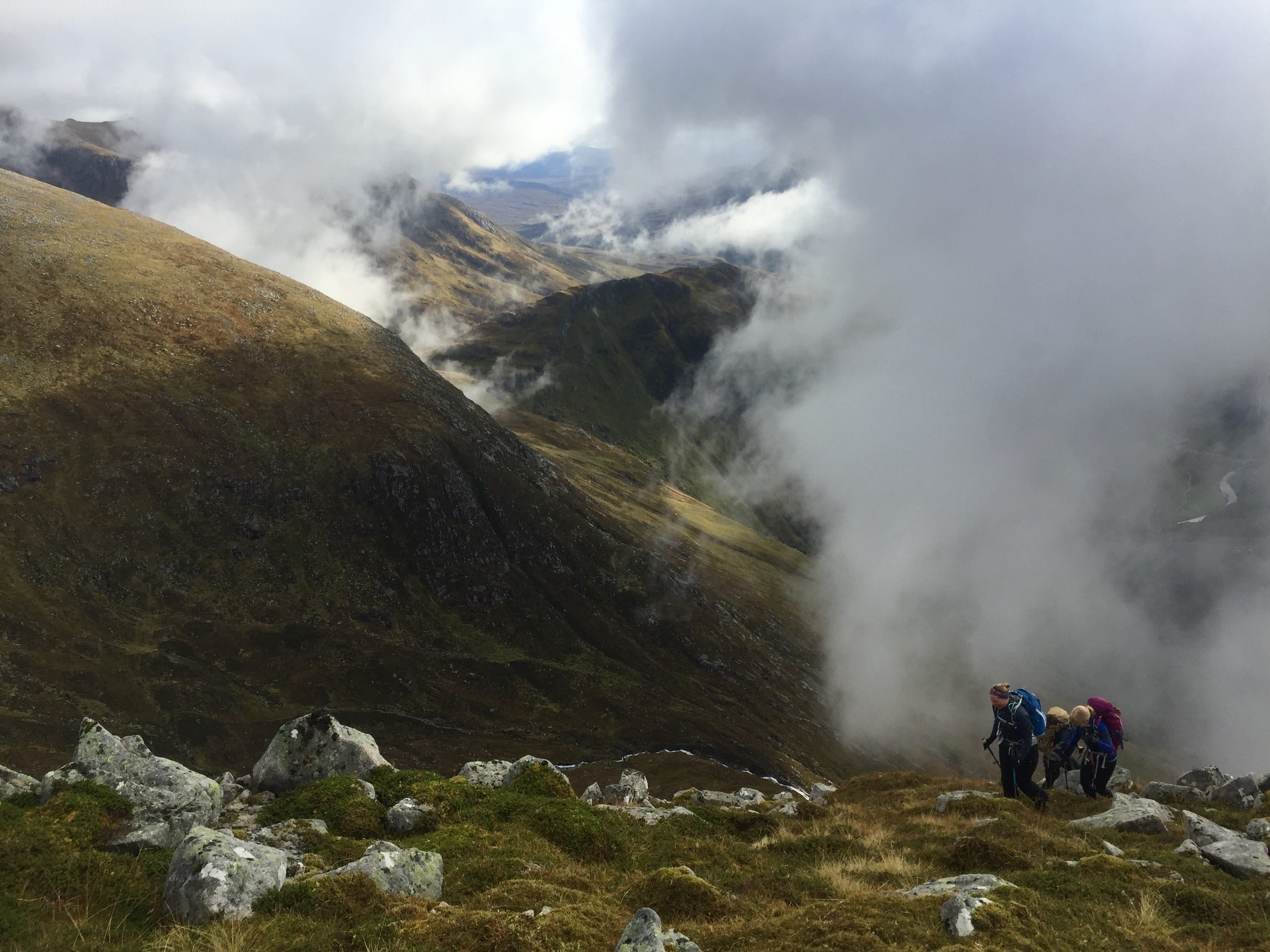MISTY MOUNTAIN VIEW: Looking through the cloud to Nevis Gorge on the ascent to Carn Dearg south-west