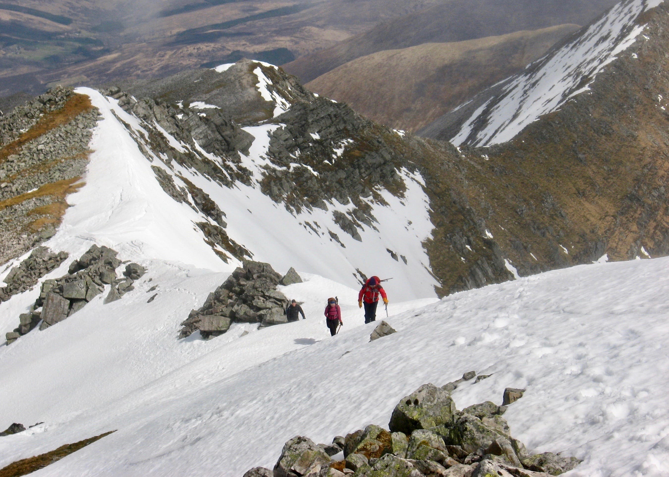 ALPINE ASCENT: Our group on the steep snow climb to Stob Choire Claurigh on a beautiful spring day with a winter feel