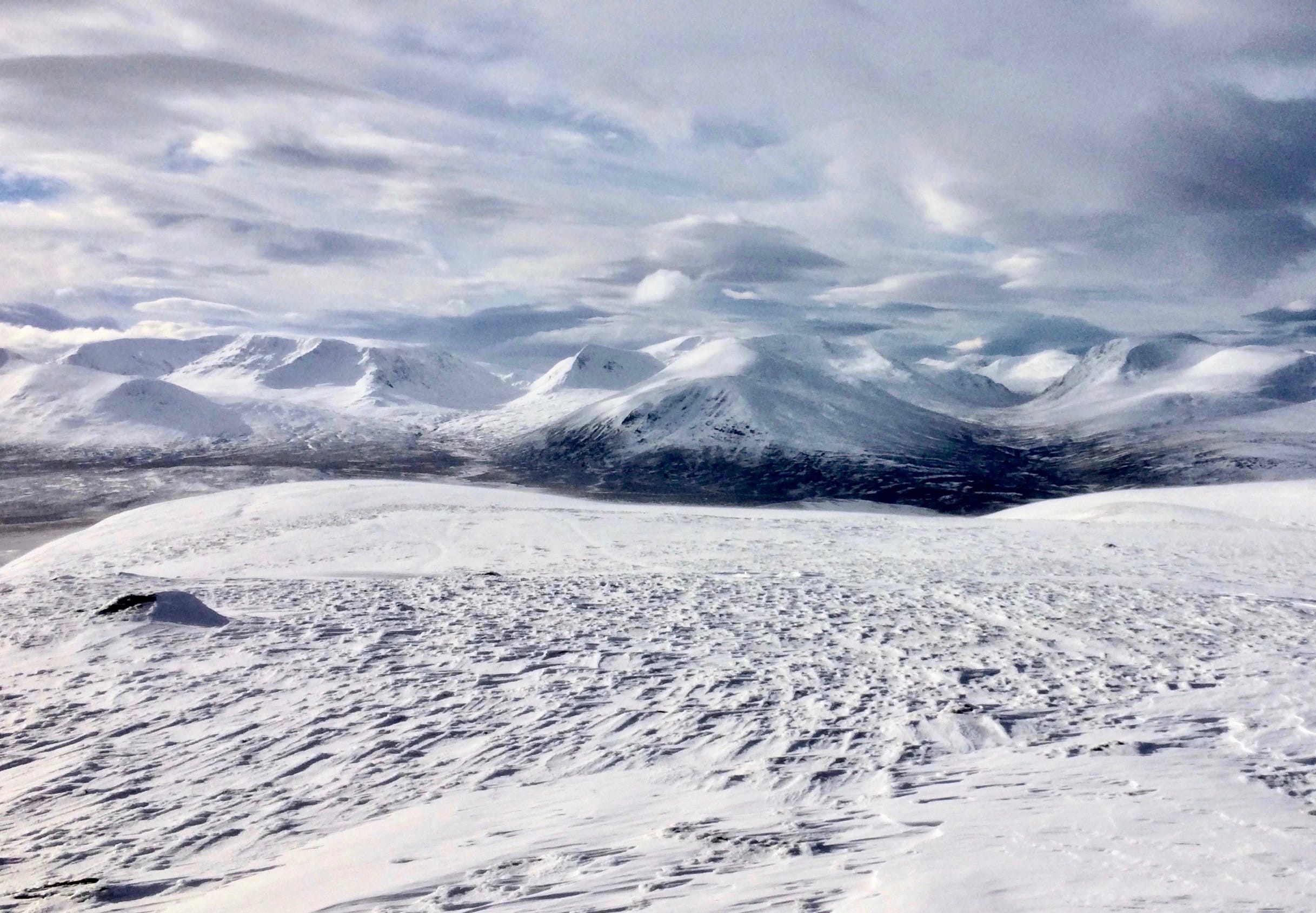 'ALDER AND WISER: A crisp and clear view of the Ben Alder Munros, consistent companions during our walk along The Fara'