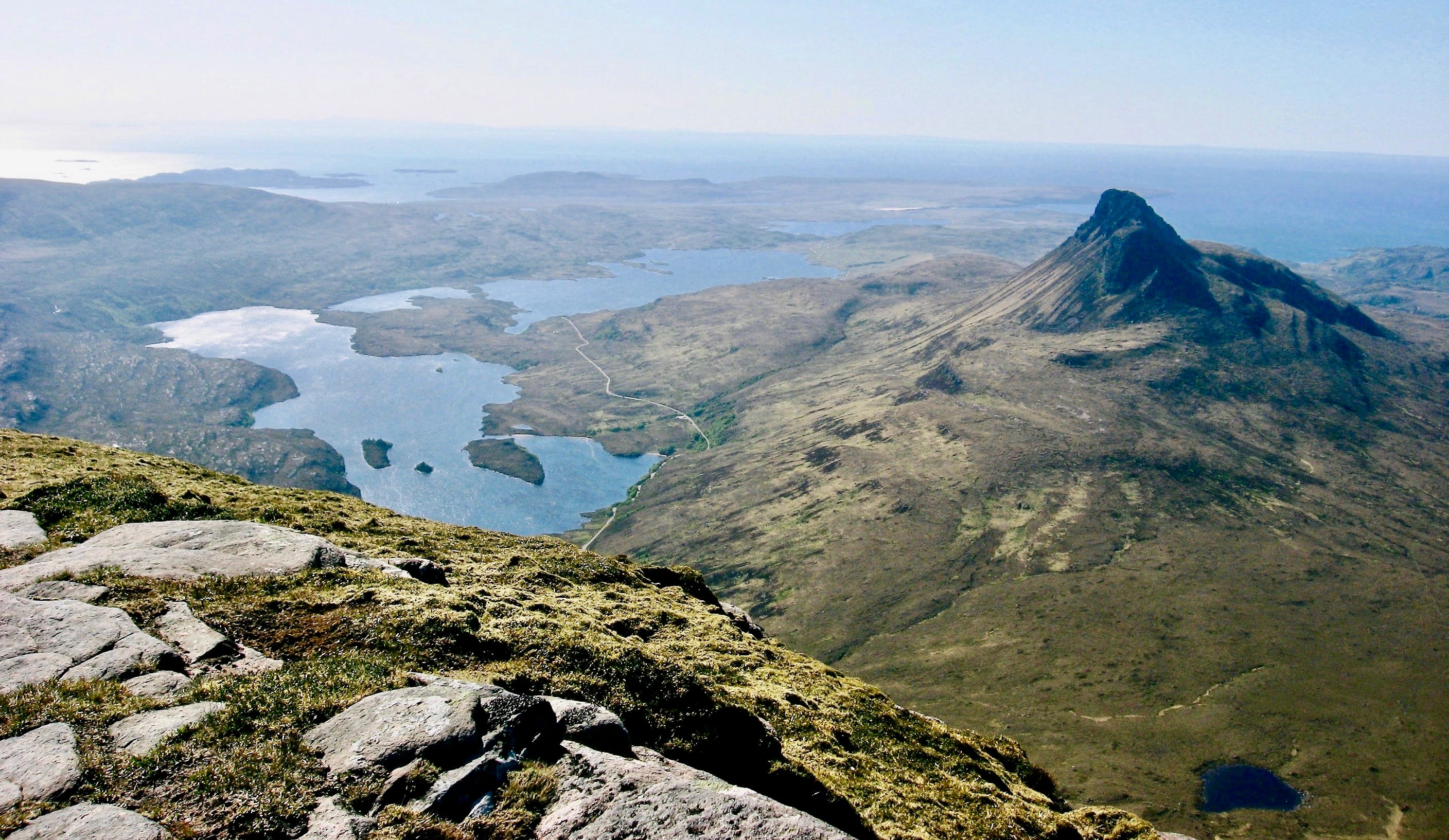 PRETTY POLLAIDH: Looking across the lochan-studded landscape to Stac Pollaidh from the summit of Cul Beag