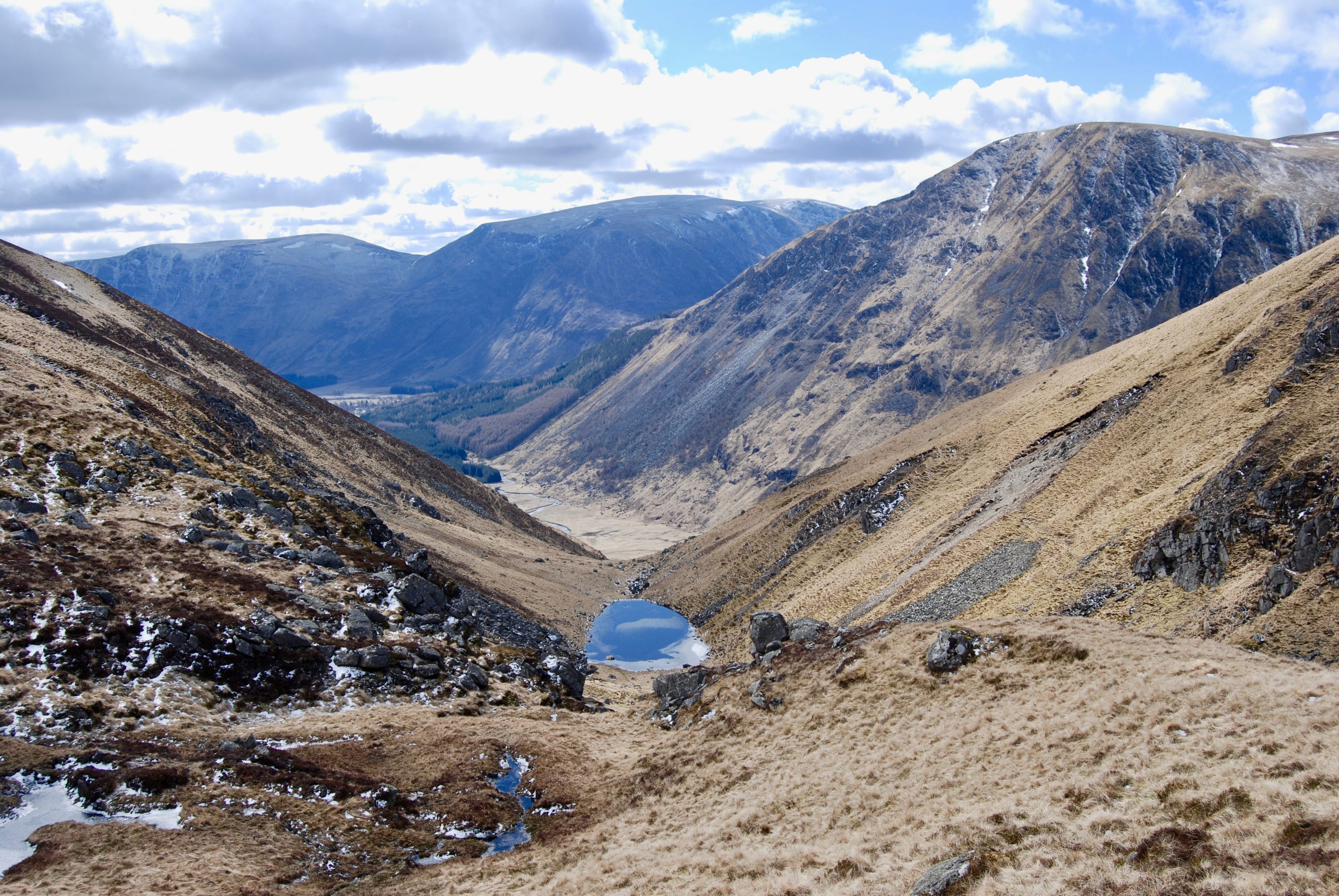 SURPRISE OASIS: Looking down on the little lochan cradled in the hidden gully above Glen Doll known as The Gourock