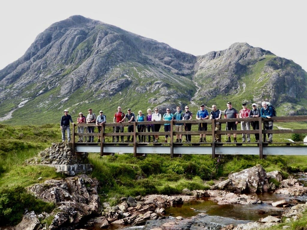 THE GANG'S ALL HERE: Group shot on the bridge before the sunshine ascent of Buachaille Etive Mor