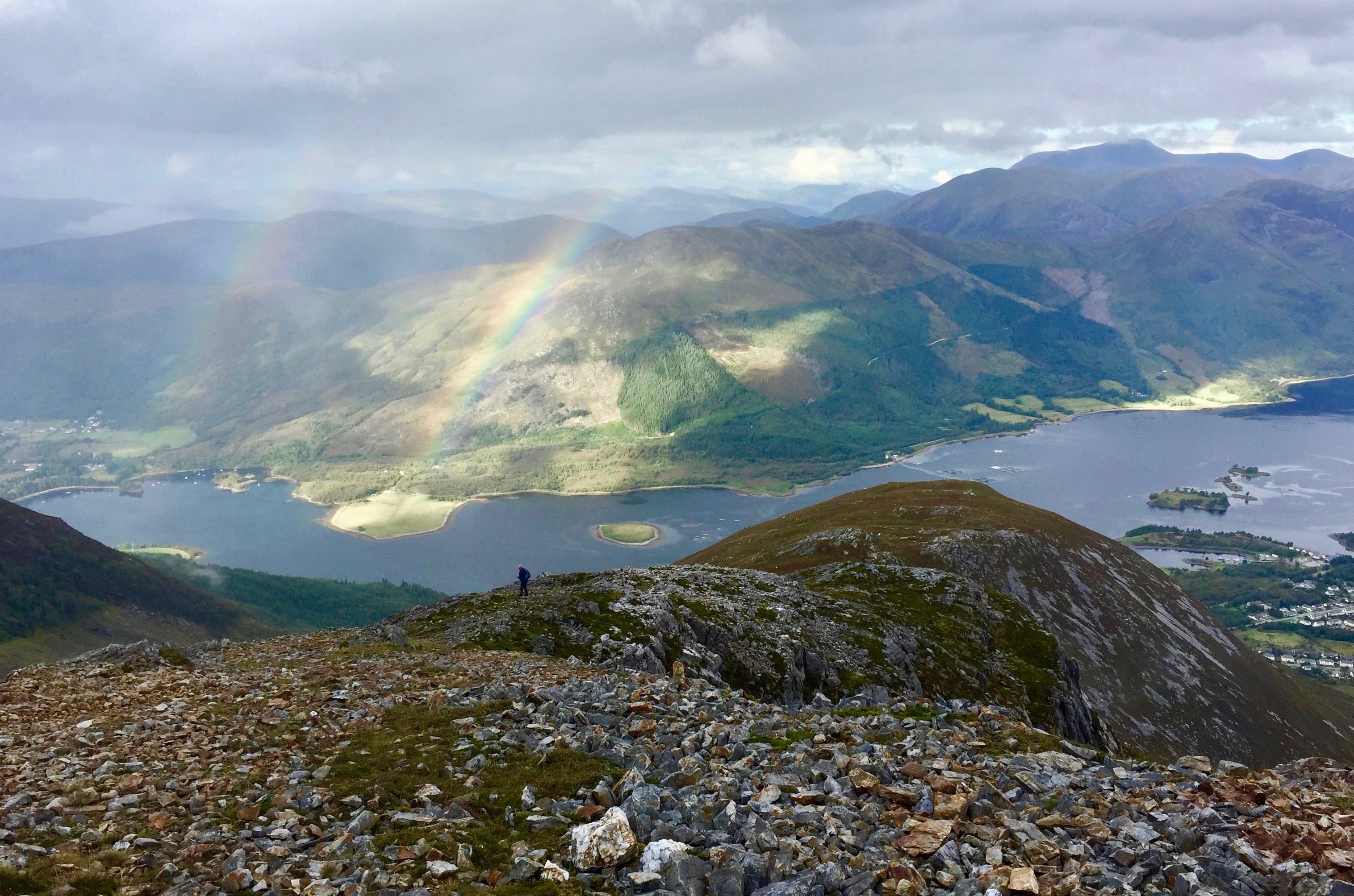 COLOURFUL END: Rainbow over Loch Linnhe on the steep descent from the west to east traverse of Beinn a' Bheithir