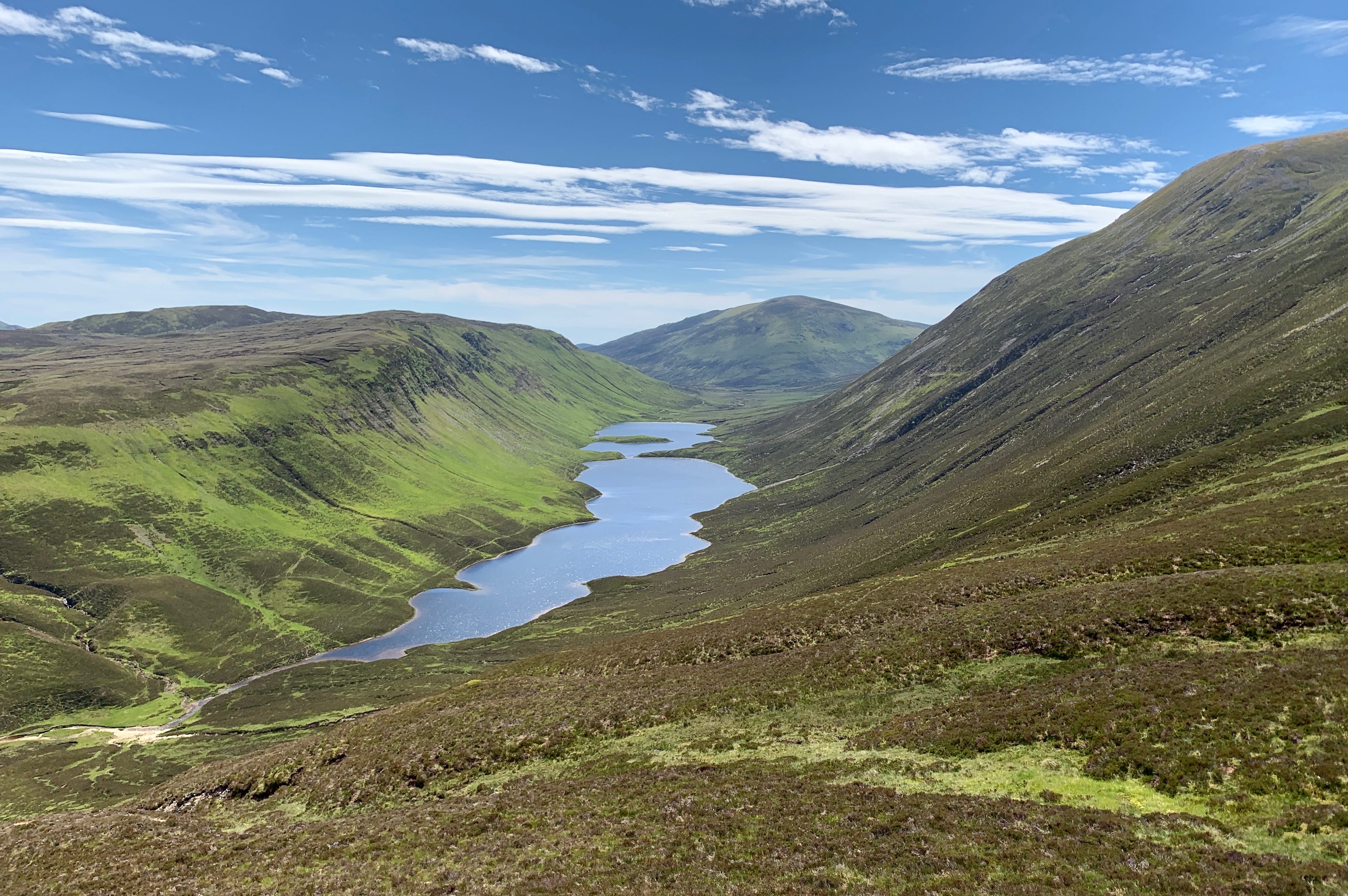 LONELY OASIS: Dropping down from the back of Carn nan Gabhar to reveal the hidden blue streak of Loch Loch 