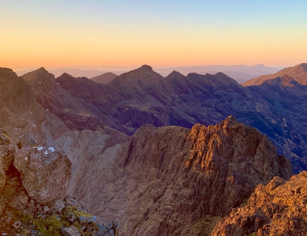 'SUNSET BOULEVARD: The Cuillin ridge bathed in the final colours of the day, seen from the summit of Sgurr Alasdair'