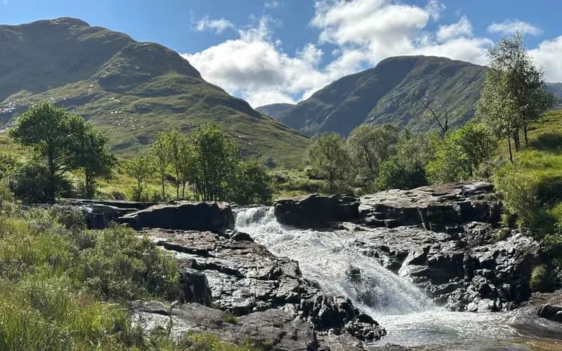 MOUNTAIN MAGIC: Sunshine peaks and sparkling waters during the initial walk up by Allt Coire Ghiubhasan